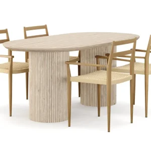 Scandinavian Choice Uppveda Matbord Travetin utseende med 4 st Jamna Karmstolar Beige - Möbler Erbjudandepris