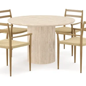 Erbjudandepris Andrarum Uppveda Runt Matbord 120cm Travetin utseende med 4 st Jamna Karmstolar Beige - Möbler