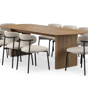 Bark Richeto Matbord 240 cm med 8 Lucy Matstolar Naturlig finish / Greige Bouclé / Metallben Svart - Möbler Kampanj