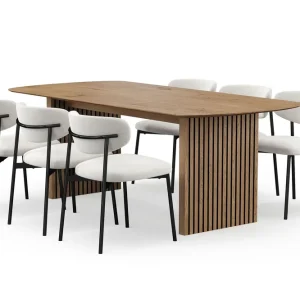 Fynd Bark Richeto Matbord 210 cm med 6 Lucy Matstolar Naturlig finish / Vit Bouclé / Metallben Svart - Möbler