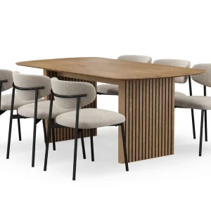 Billig Bark Richeto Matbord 180 cm med 6 Lucy Matstolar Naturlig finish / Greige Bouclé / Metallben Svart - Möbler