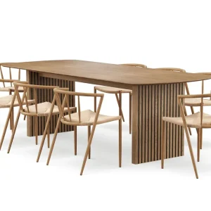 Fynd Bark Richeto Matbord 240 cm med 8 Winston Matstolar Naturlig finish / Beige / Metallben Ek - Möbler