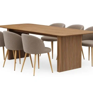Bark Richeto Matbord 240 cm med 6 Greya Matstolar med armstöd Naturlig finish / Greige Bouclé / Metallben Ek - Möbler Trygg betalning