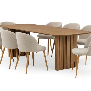 Beställ idag Bark Richeto Matbord 240 cm med 8 Greya Matstolar med armstöd Naturlig finish / Greige Bouclé / Metallben Ek - Möbler