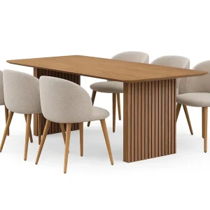 Rabatter Bark Richeto Matbord 210 cm med 6 Greya Matstolar med armstöd Naturlig finish / Greige Bouclé / Metallben Ek - Möbler