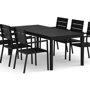 Trygg betalning Comfort Garden Tunis utomhus matgrupp förlängningsbart 205/305x90 cm med 6 Tunis stapelstolar Svart/Svart - Utemöbler