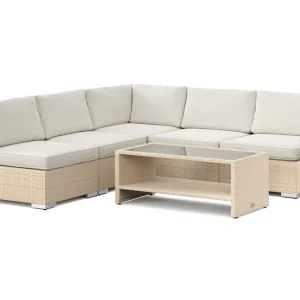 Beställ idag Comfort Garden Bahamas utomhus hörnsoffa 5-sits vändbar med öppet avslut och bord med hylla Beige - Trädgård & spabad
