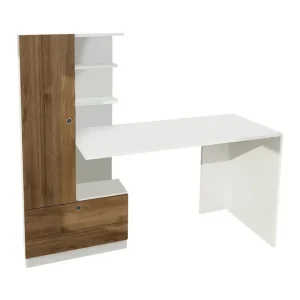 Merinoz Skrivbord 120 cm med Förvaring Hyllor + Låda + Skåp Vit/Valnötsbrun - Möbler Lågt pris