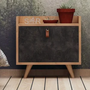 Sista chansen Mod Design Sängbord 50 cm med Förvaring Skåp Läderbeslag Grå/Trä - Möbler