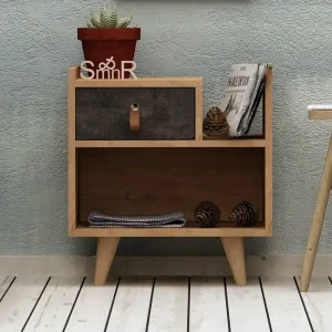 Mod Design Sängbord 50 cm med Förvaring Låda + Hylla Läderbe Grå/Trä - Möbler Fynd