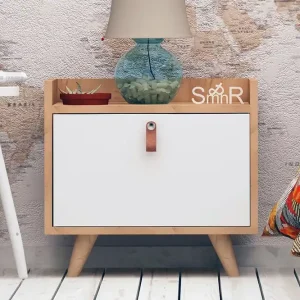 Mod Design Sängbord 50 cm med Förvaring Skåp Läderbeslag Trä/Vit - Möbler Premium