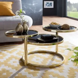 risnedsättning Wohnling Tarwater Soffbord 58 cm med Förvaring Hyllor Runt Glas/Svart/Guld - Möbler