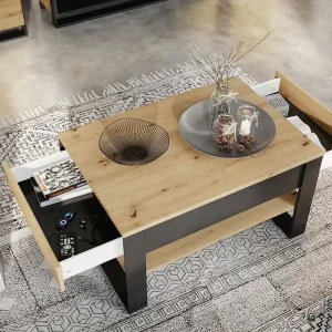 Quant Soffbord 100 cm med Förvaring 2 Lådor + Hylla Ekfärg/Svart - Möbler Outlet