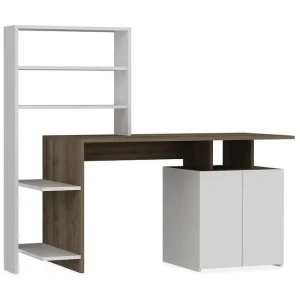 Raymer Skrivbord 146 cm med Förvaring Hyllor + Skåp Valnötsbrun/Vit - Möbler Lägg i varukorgen