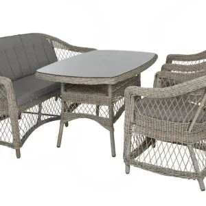 Kamomill matgrupp - Beige med grå dyna 2-sitssoffa, 2 fåtöljer & matbord 135x80 cm från Brafab- Bra Möbler Kampanj
