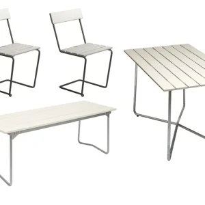 B25 matgrupp - Vitlackad ek/galvat 2 stolar, bänk 110 cm & bord120x70 cm från Grythyttan Stålmöbler- Bra Möbler Billigare