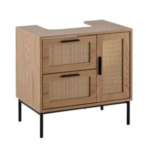 Wohnling Tvättställsskåp Wohnling melaminbelagd MDF, ek-optik, rottingfront, metallben, modern loftstil 1 dörr, 3 lådor 1 dörr, 3 lådor - Förvaring Expressleverans