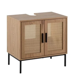 Populär Wohnling Tvättställsskåp Wohnling melaminbelagd MDF, ek-optik, rottingfront, metallben, modern loftstil 2 dörrar 2 dörrar - Förvaring