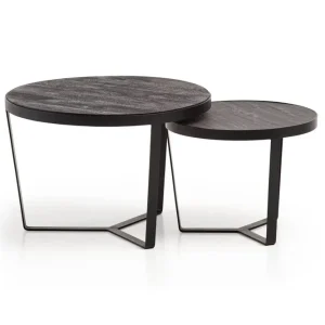 risnedsättning Wohnling Satsbord Wohnling Set med 2 runda massivt trä och steneffekt, designad metallbas, lantlig stil Svart, svart Svart, svart - Möbler