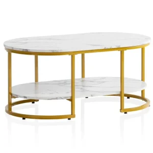 Wohnling Soffbord Wohnling marmorutseende ovalt 100 cm med förvaringshylla, Bauhaus-stil Marmor Vit Marmor Vit - Möbler Nedsatt pris