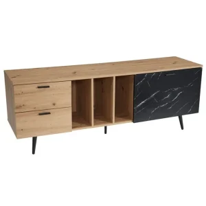 risnedsättning Wohnling Lowboard Wohnling modernt spånskiva, 2 lådor, 1 dörr, förvaringsbrickor, metallben, modern stil Ek, Marmor, Svart Ek, Marmor, Svart - Möbler