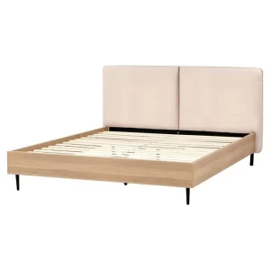 Säng med lamellram Limanton Beige, ljust trä, svart/Bouclé, 160x200 cm - Möbler Fynd